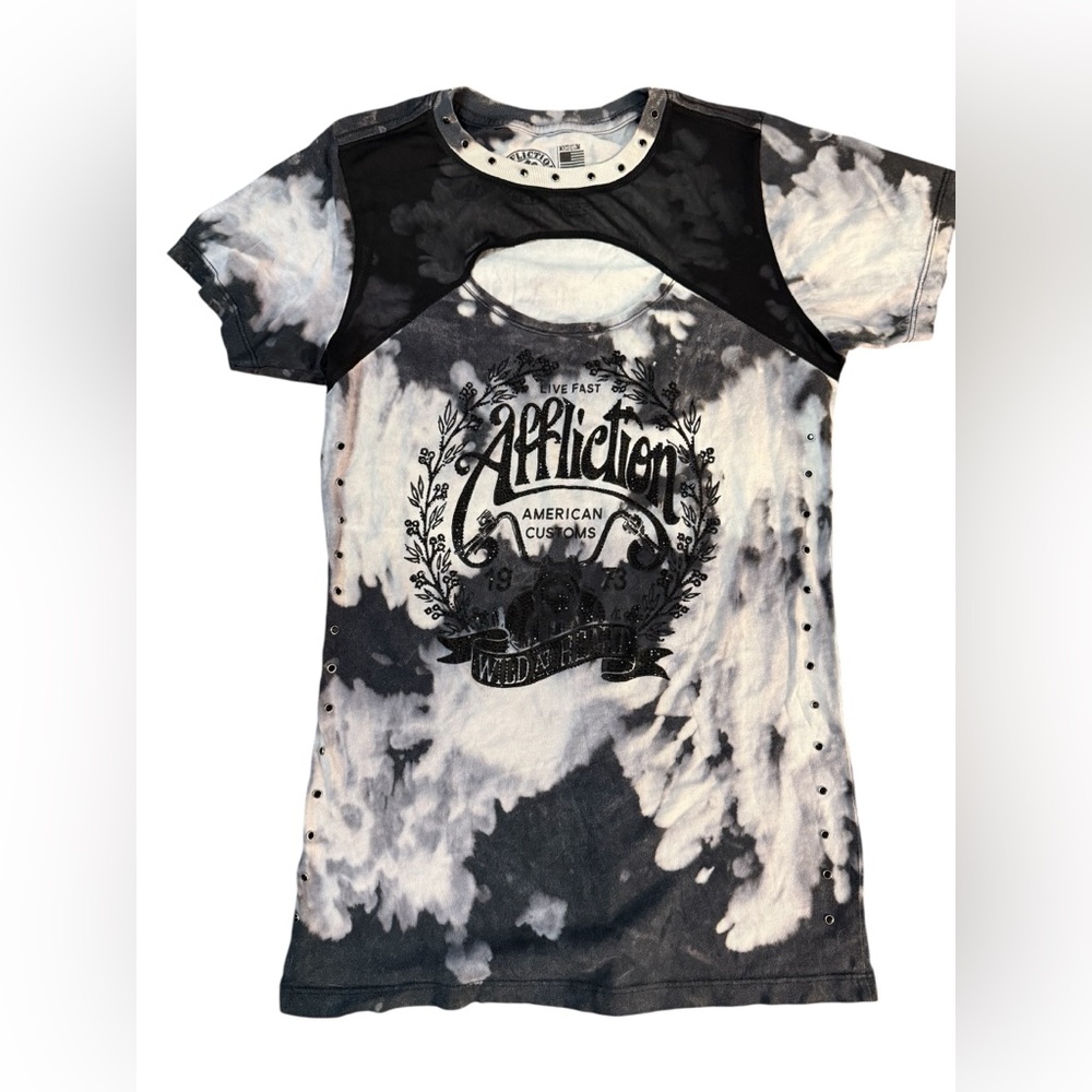 Affliction Cruise Control Cut-Out T-Shirt Bleached/Tie Dye women’s sz Medium